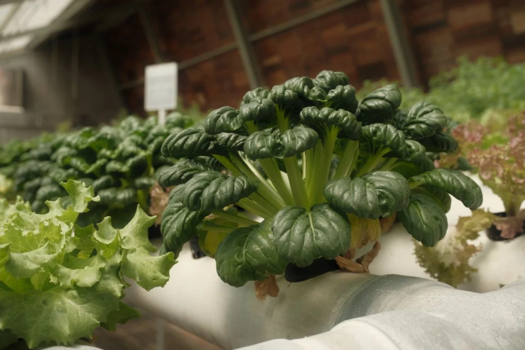 Légumes feuilles cultivés en système hydroponique hors sol