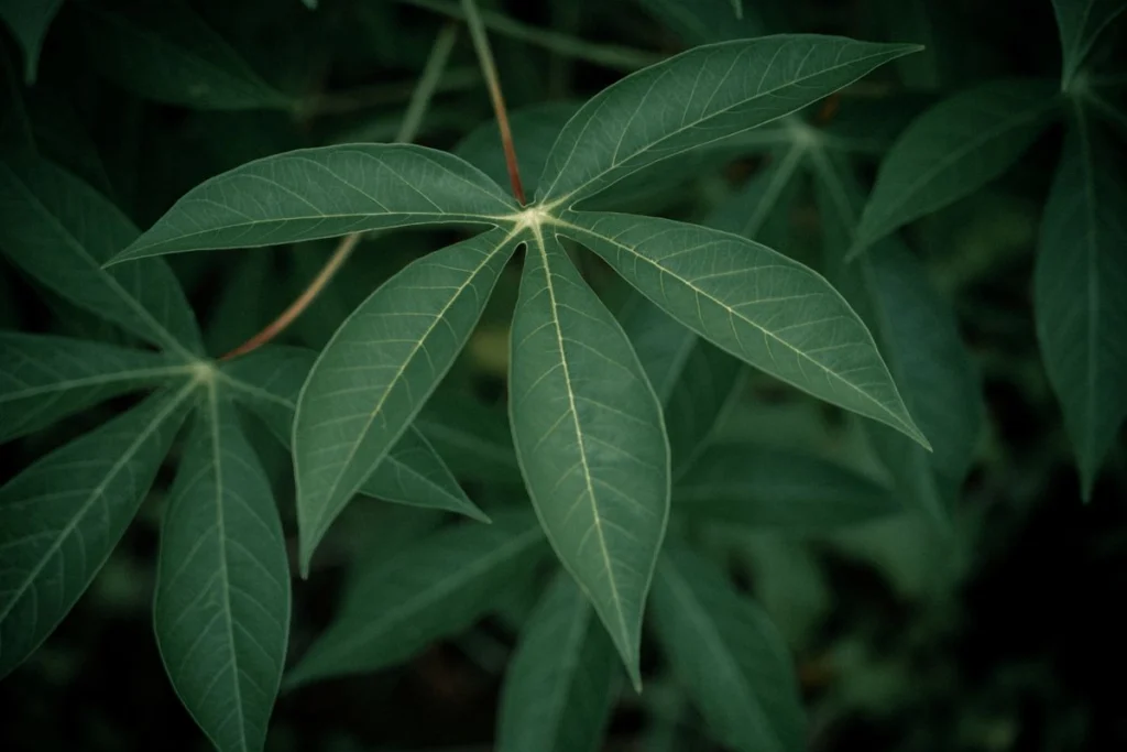 Feuilles palmées d'un plant de manioc vigoureux